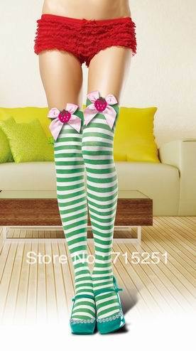 1 dozen(6 pairs of a dozen)Free shopping  Women Sexy  two-tone stripe and bowknot stockings Green and Red colors 6022