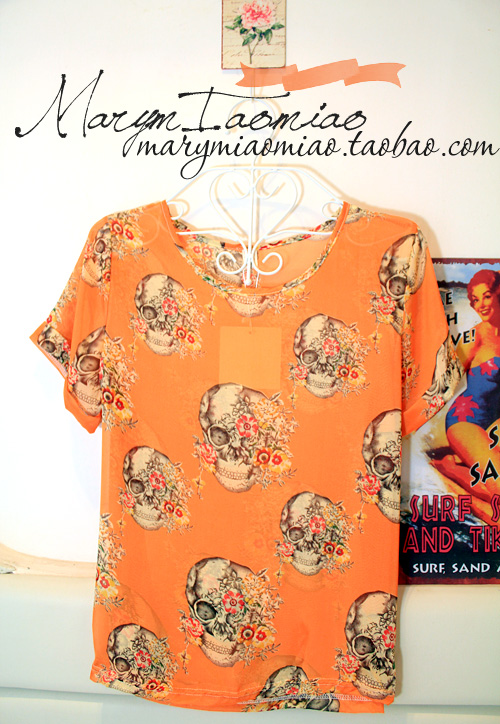 1 Order Wholesale Vintage perspectivity skull bones broken flower print doodle chiffon shirt short-sleeve top Free Shipping