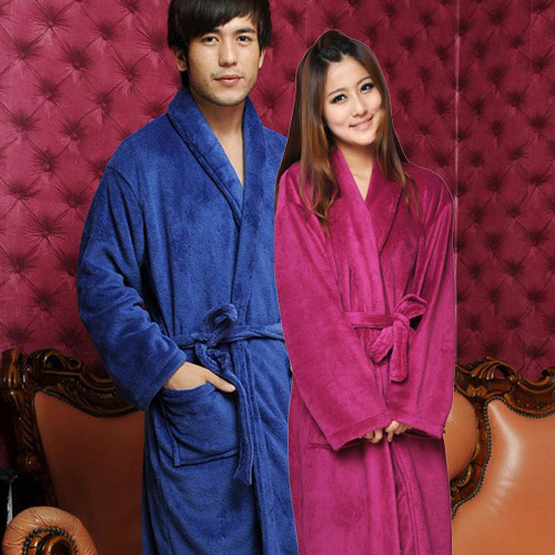 1 pc Hot-selling hot-selling medium-long male women's coral fleece robe autumn and winter lovers sleepwear solid color bathrobe