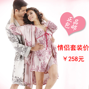 1 pcs   and  lovers silk sleepwear twinset  sexy spaghetti strap dress bathrobe sets  silk long-sleeve nightgown