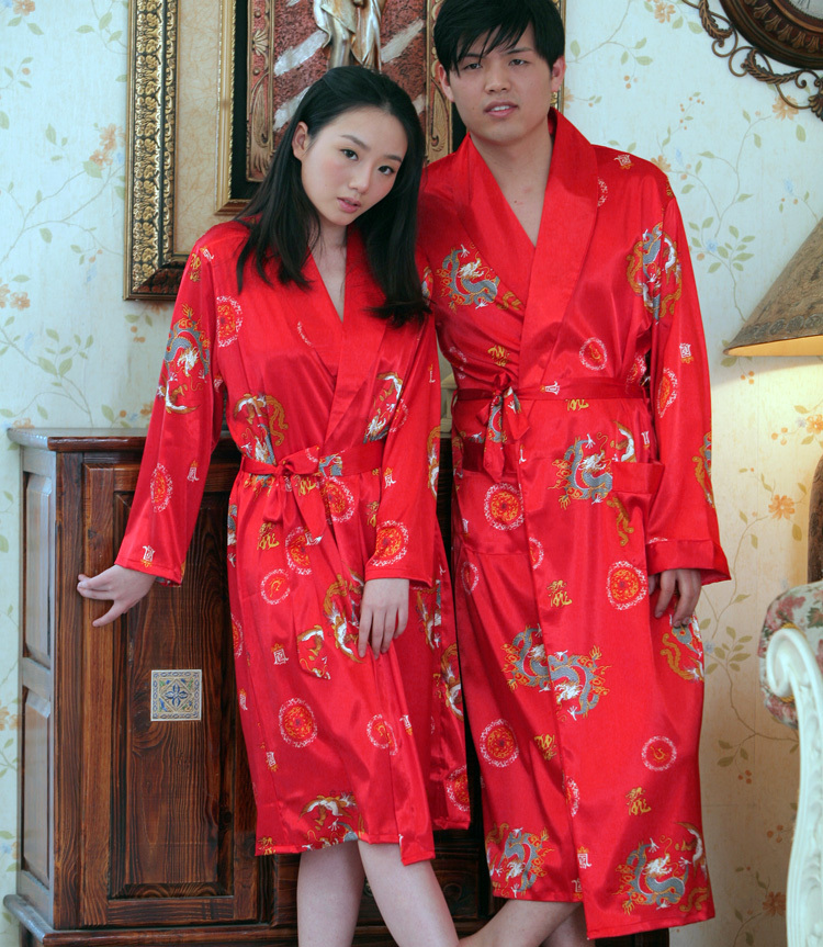 1 pcs man or woman HYSS  and autumn sistance festive lovers sexy faux silk robe sleepwear twinset lounge bath robe