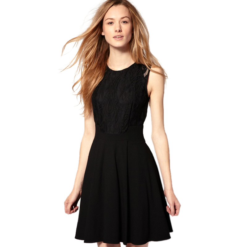 1 Piece Free Shipping Women Scoop Neck Lace Insert Zipper Back Skater Dress,S/M/L/XL Size,FWO101011