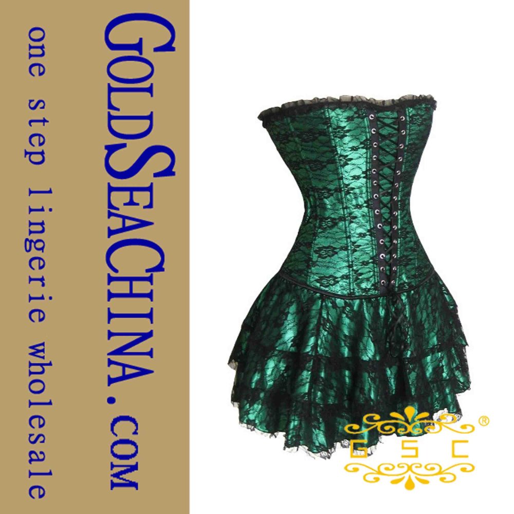 1 Set Free Shipping !! Sexy Corset, Sexy Satin Boned CORSET Bustier with Skirt Green