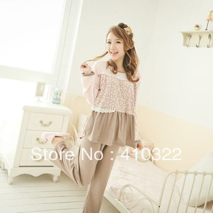 1 Set/Lot Floral Cute Sweet Lady Pajamas Set Women Sleepwear Long Sleeve Fancy Cotton Size L / XL  P6831 Free Shipping