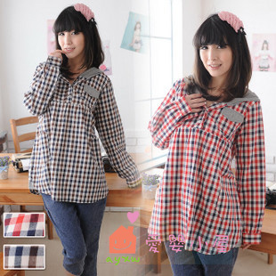 1 spring and autumn preppy style maternity clothing ol plaid with a hood shirt fashion all-match top xyc054