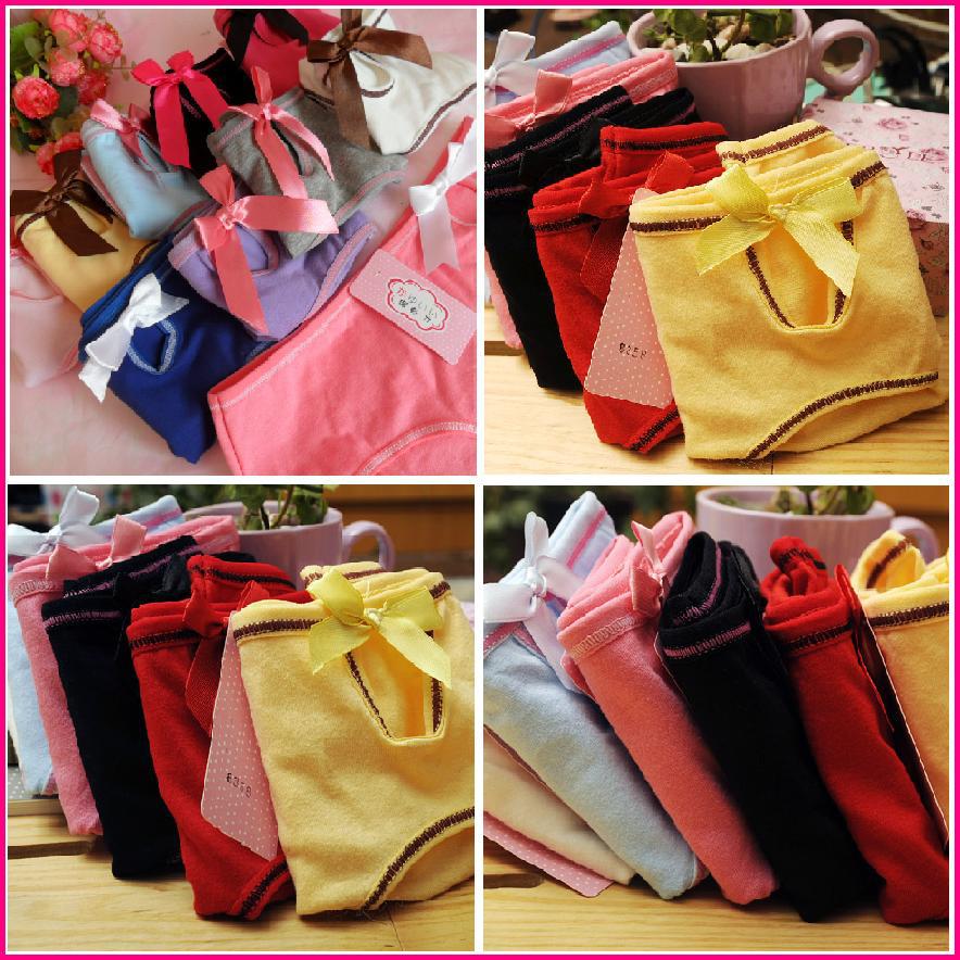 10 candy colors women's lovely lingerie cotton underwear ladies' solid color briefs with cute bow free shipping