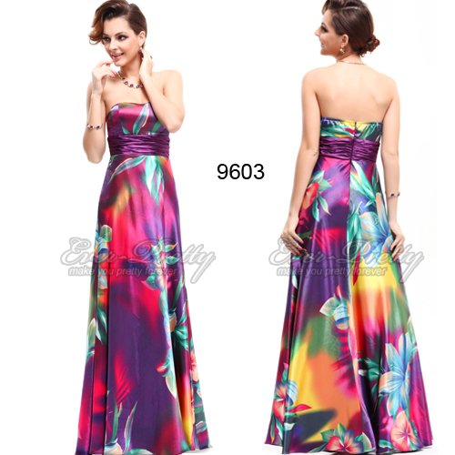$10 off per $100 09603PP Free Shipping Strapless Colorful Satin Printed Empire Line Evening Dress