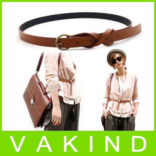 $10 off per $100 order+NEW Faux Leather Loop Tuck Thin Skinny Waist Ladies Women Fashion Brown Belt
