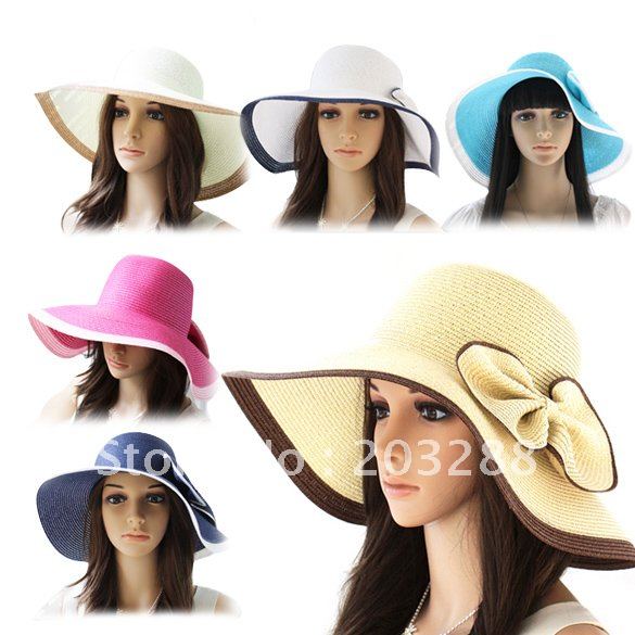 $10 off per $100 order+ New Lovely Wide Brim Summer Beach Sun Straw Beach Derby Hat Cap With Bowknot