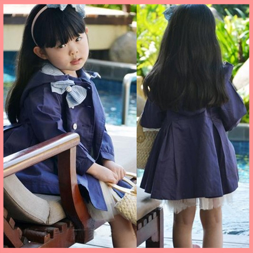100-140cm 3833s children's clothing 2012 autumn female child bow double breasted turn-down collar trench 5pcs/lot