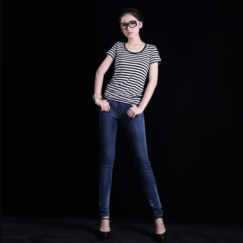 100% 2013 spring slim Dark Blue water wash pencil jeans female