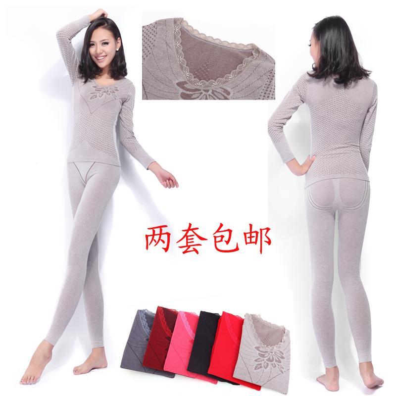 100% cotton beauty care thermal set long johns long johns set female modal thermal underwear lace collar basic underwear