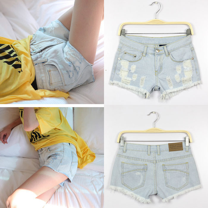 100% cotton denim 2013 new fashion spring and summer plus size light blue hole low waist denim shorts for women