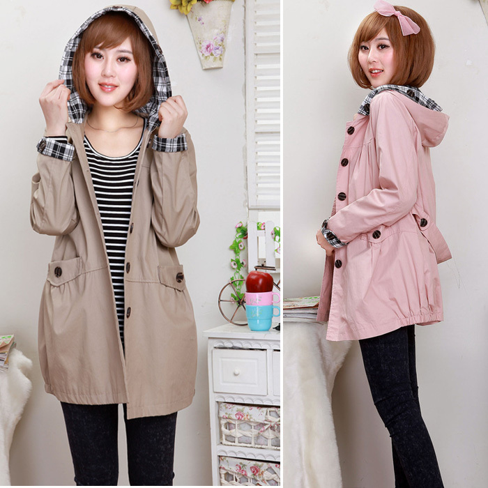 100% cotton maternity clothing spring and autumn trench plus size loose hooded maternity outerwear top -181