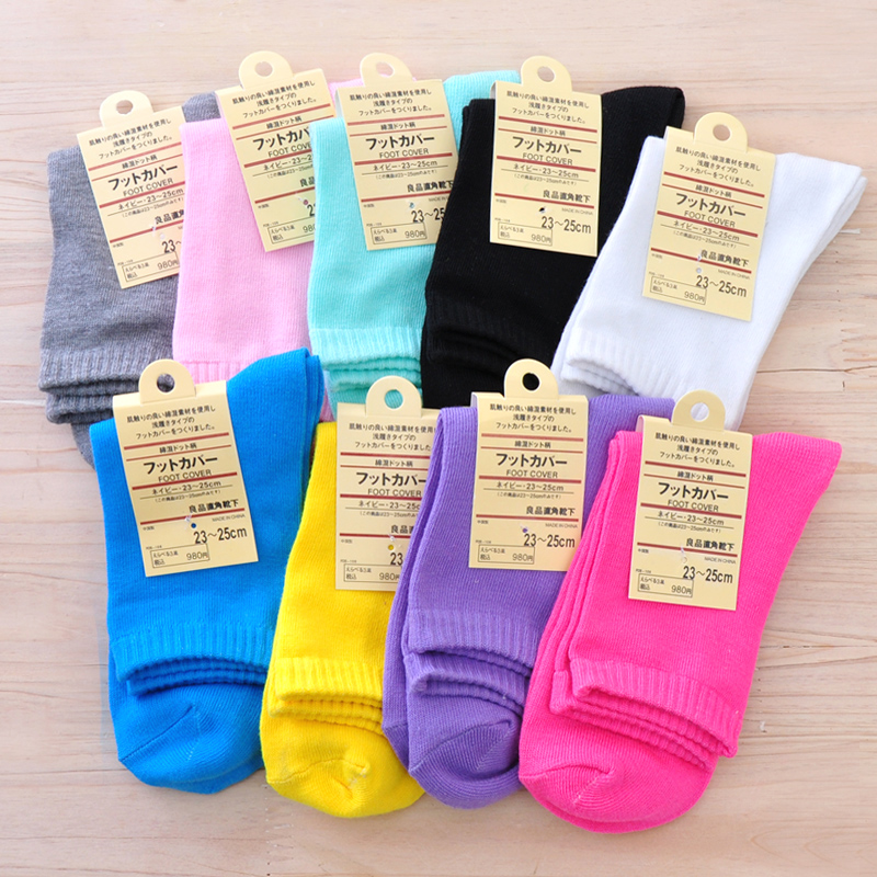 100% cotton solid color female socks women's knee-high socks candy color 100% all-match cotton socks