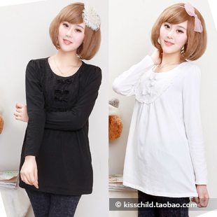 100% cotton solid color lace maternity basic shirt maternity clothing spring and autumn black white long-sleeve T-shirt top