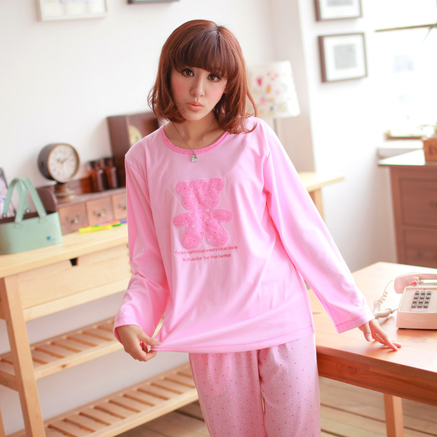 100% cotton women's autumn and winter long sleeve length pants sleepwear twinset set lounge high quality 100% cotton