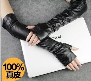 100% genuine leather Fashion women's sheepskin dress gloves / medium-long winter semi-finger mitring gloves