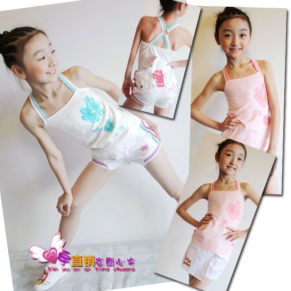 100% girls clothing cotton print spaghetti strap paillette t-shirt vest 91077