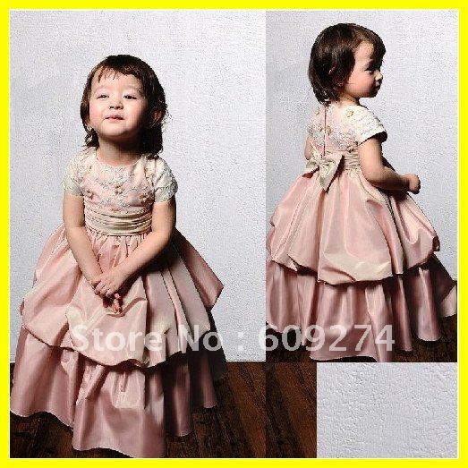 100% Guarantee Short Sleeve 2012 Lovely Flower Girl Dresses Taffeta Applique Ball Gown Princess Flower Kid's Dress