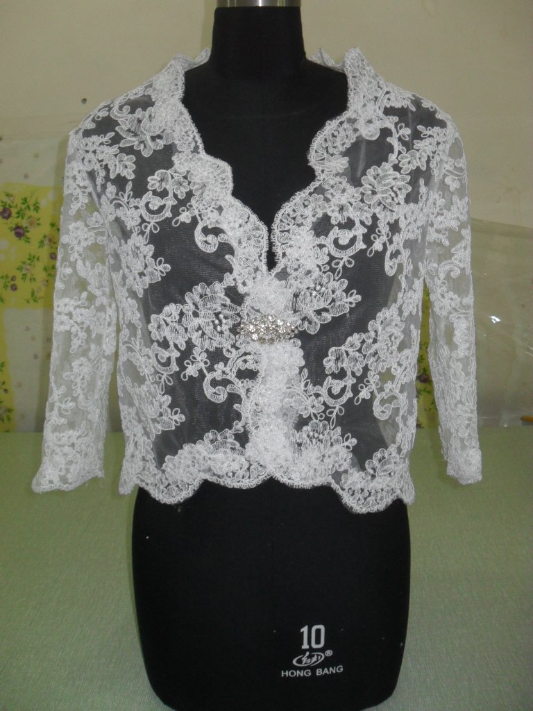 100% High Quality Long Sleeves Alencon Lace Jacket White Ivory Red Bridal Bolero Jacket Shawl SZ 2 4 6-8-10 12 14 16+Custom