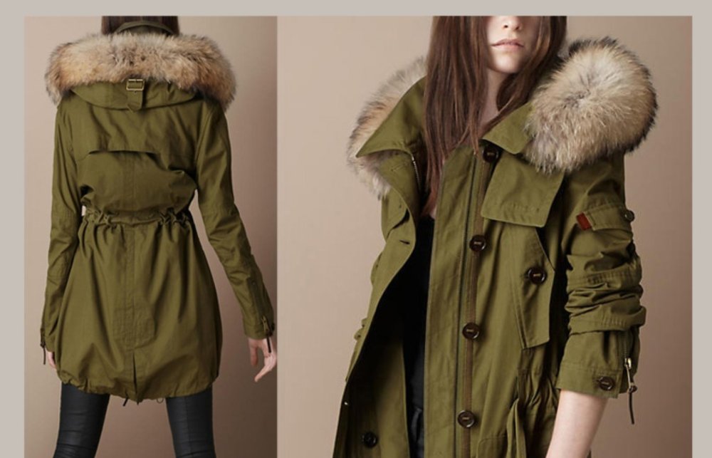 100% high qualiyt Unique Popular Western style Army green Super raccoon fur collar fashion ladies' winter fashion jacket