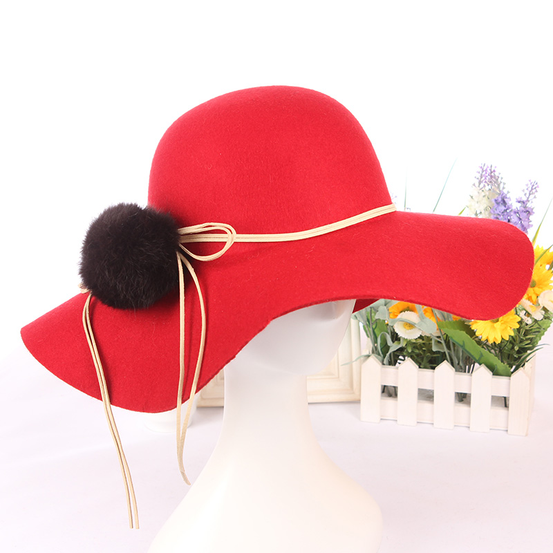 100 pure woolen fashion vintage big hat women's wide brim autumn and winter hat rabbit fur ball hat