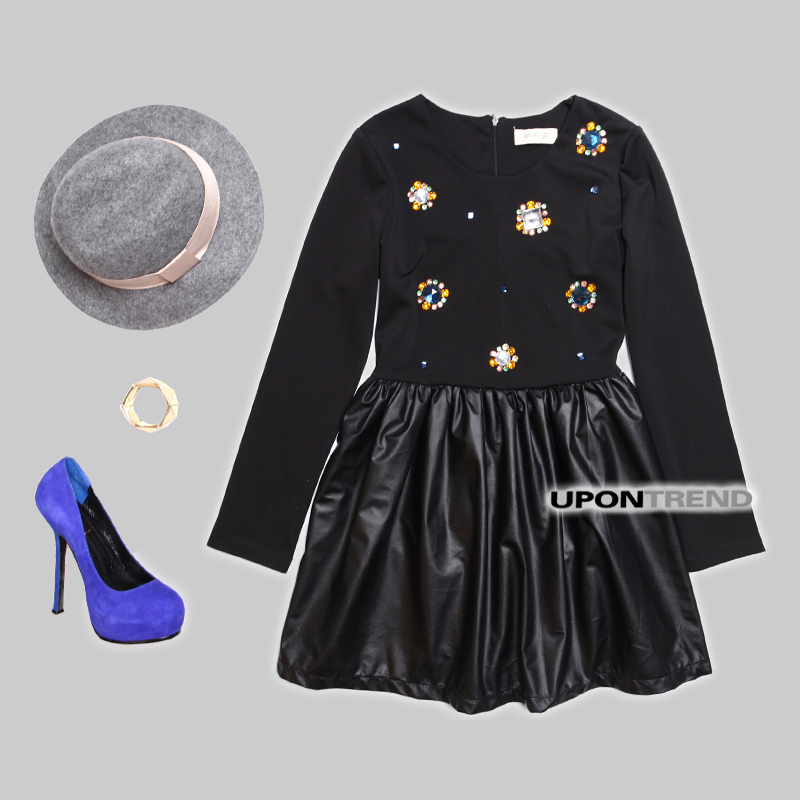 100 ql0420 handmade gem flower leather patchwork one-piece dress