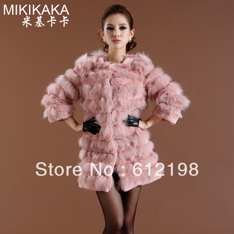 100% Rabbit fur Fox fur splicing fur coat o-neck collar Women's long slim outerwear PINK COLOR PC-020