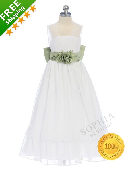 100% Satisfaction Guaranteed Cheap Sage Sash Long Flower Girl Dress Party 2012