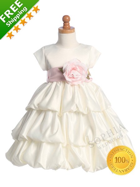 100% Satisfaction Guaranteed Cute Ivory Layered Flower Girl Dress with Pink Sash for Weddings