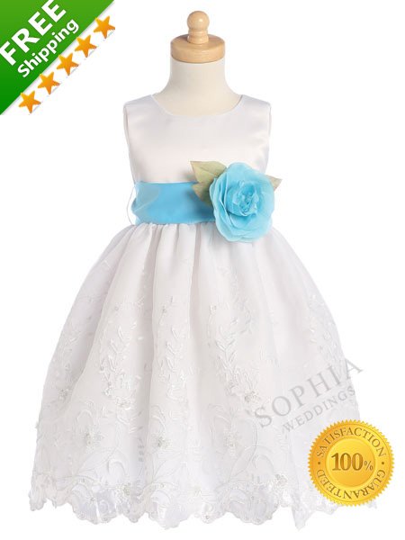 100% Satisfaction Guaranteed Lace White with Blue Sash Flower Girl Dresses for Weddings