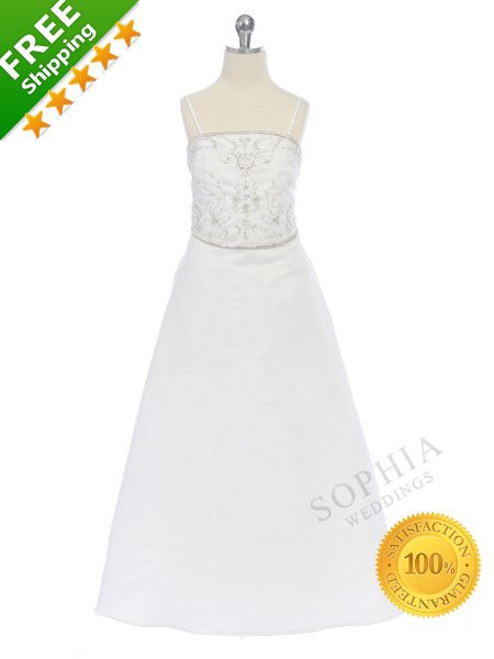 100% Satisfaction Guaranteed Pure White Embroidered Beaded Spaghetti Straps Flower Girls Dress for Cheap