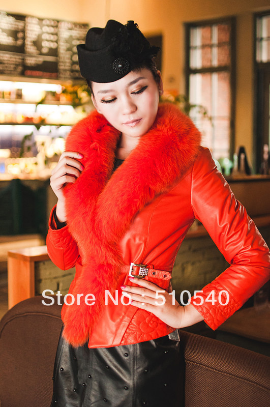 100% sheep skin ladies short jacket with real fox fur collar for spring 2013 women's jacket missy size solid color