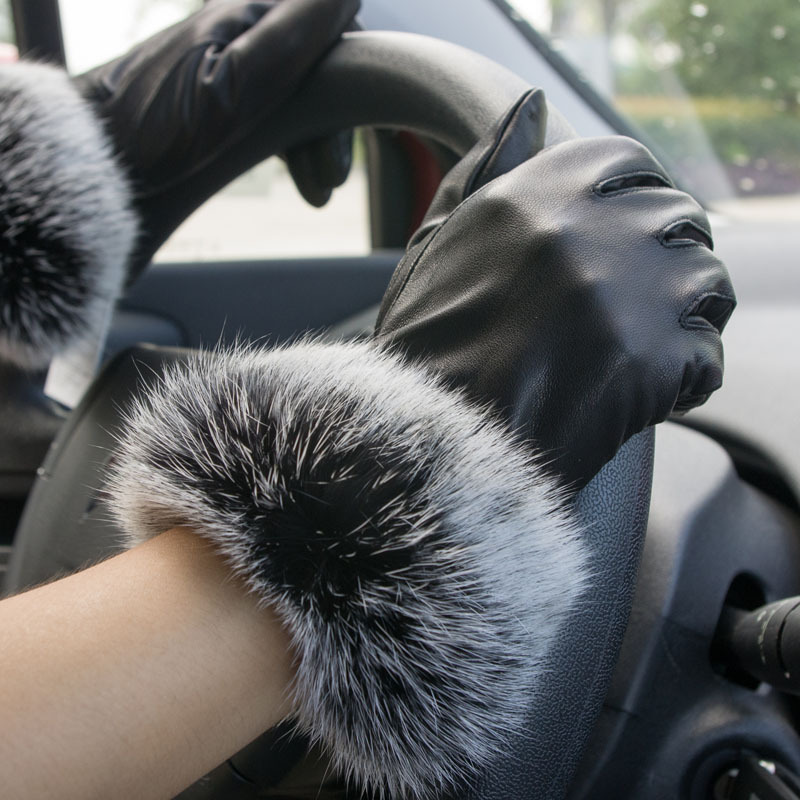 100% Sheepskin genuine leather gloves winter women's short design rex rabbit fur thickening thermal fur one piece warm glove