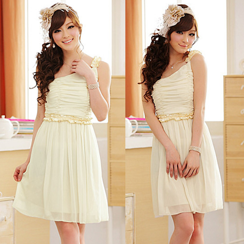 100% silk chiffon One shoulder prom dress evening banquet bridesmaid dress oblique one-piece short design wedding dress skirt