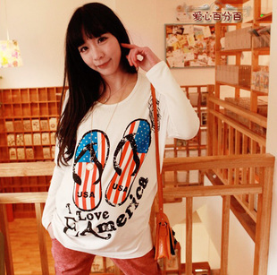 100% y0088 love spring and autumn maternity clothing loose long-sleeve T-shirt multicolour slippers print top