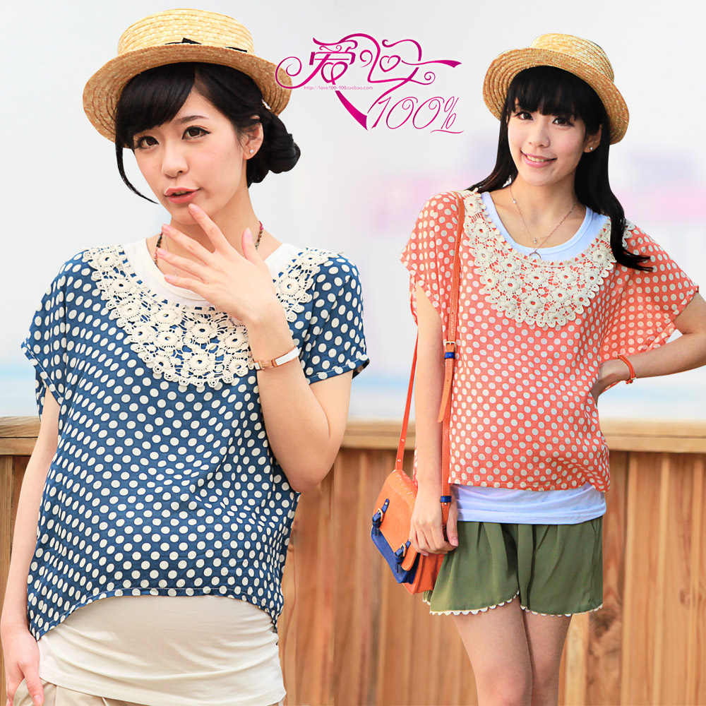100% y3001 love summer maternity clothing lace polka dot maternity t-shirt twinset