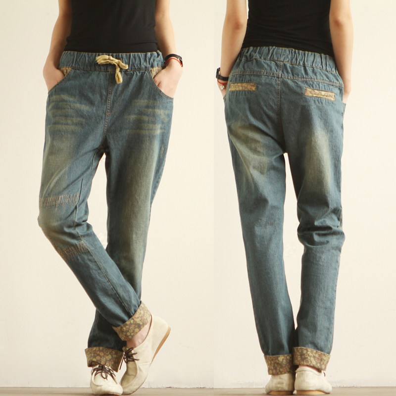 10008 - 2013 elastic waist lacing patchwork roll up hem casual jeans 0304 female (WC009)