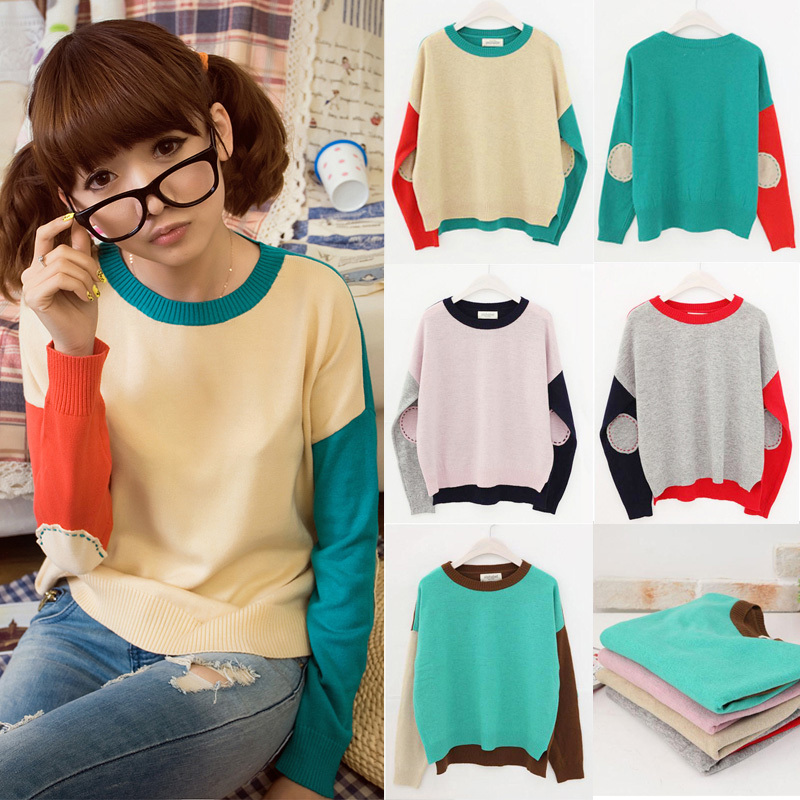 1001 real pictures with model 2012 autumn and winter color block decoration patch sweater beige - green