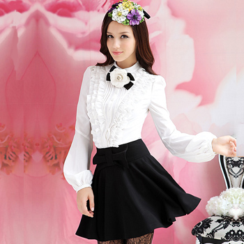 10045 2013 spring white small stand collar ruffle lantern sleeve long-sleeve shirt