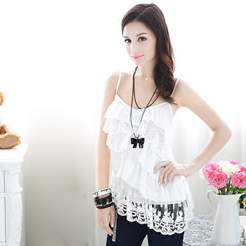10063 2013 summer white cascading lace decoration irregular sweep spaghetti strap top