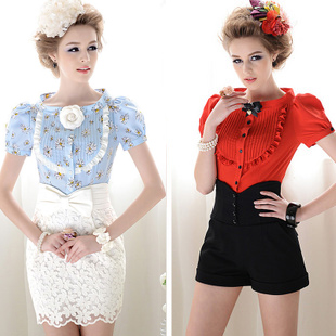 10071 2013 summer pressure pleated ruffle bubble women's short-sleeve shirt
