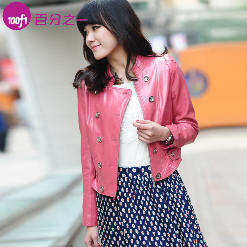 100f1 bow small stand collar double breasted jacket type senior sweetheart sheepskin leather clothing