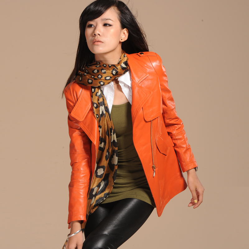 100f1 fashion women's motorcycle slim bright color localize epaulette chain sheep leather clothing g1995