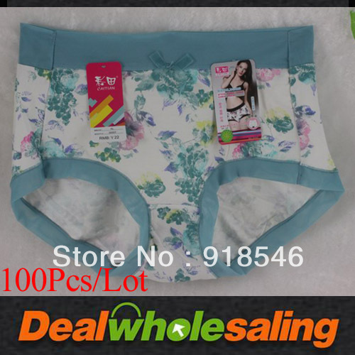 100Pcs/Lot  High-grade 100% cotton Panties  printing floral Sexy Lace Women's Underwear Briefs  Free Shipping