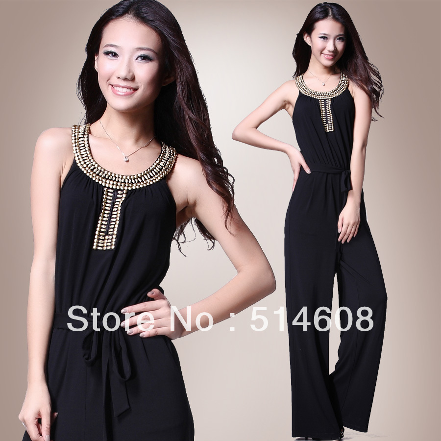 #10100 Exported quality polyester fiber and spandex beaded rivets thin jumpsuit bodysuit