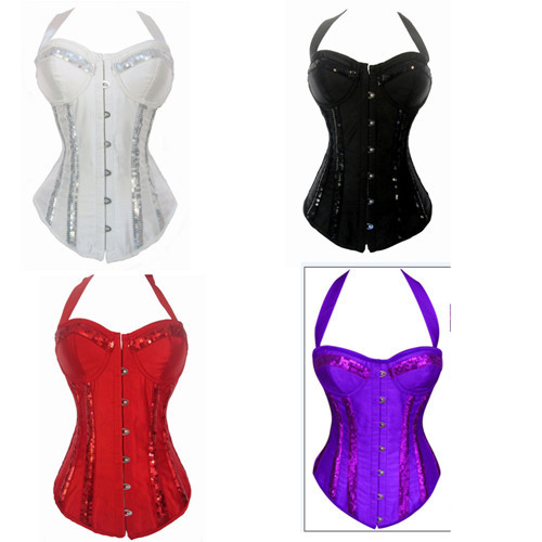 1012  4 colors Black/white/purple/red  satin with sequin basque padded cup underwire S-2XL