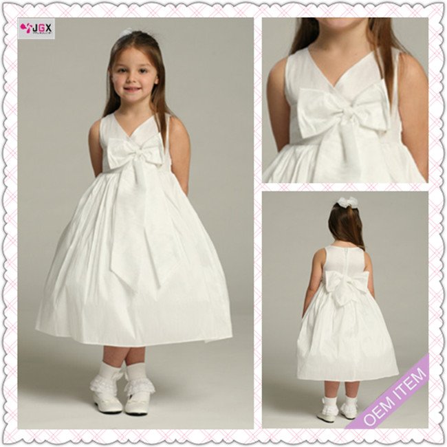 1045-1hs Cap-sleeve V-Neck White satin Ankle-Length A-Line Bows spanish flower girl dress