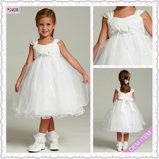 1050-1hs Sweetheart White satin Ankle-Length Cap-sleeve Strapless A-Line lovely lace flower girl dress for wedding